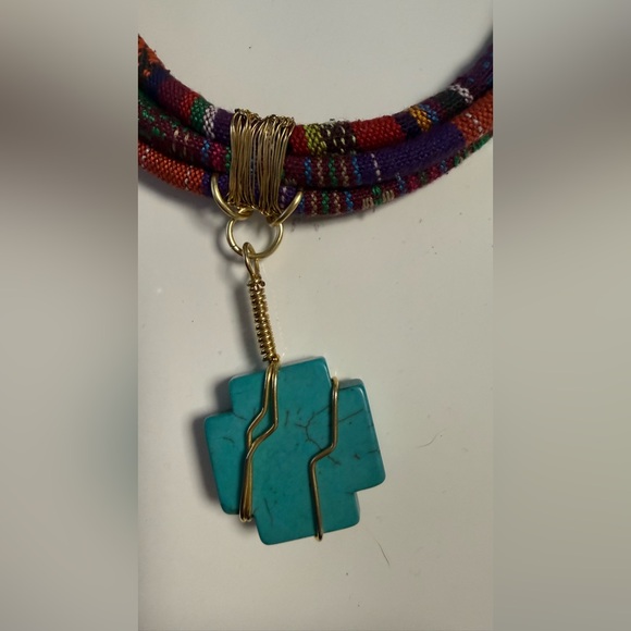 Boho Turquoise Cross Necklace | Colorful Fabric Cord Statement Necklace - Picture 5 of 9
